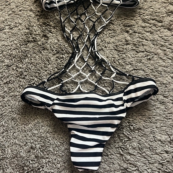 MIKOH Swimwear Xavier Crochet Back One Piece in Black/White Stripe - Picture 5 of 9